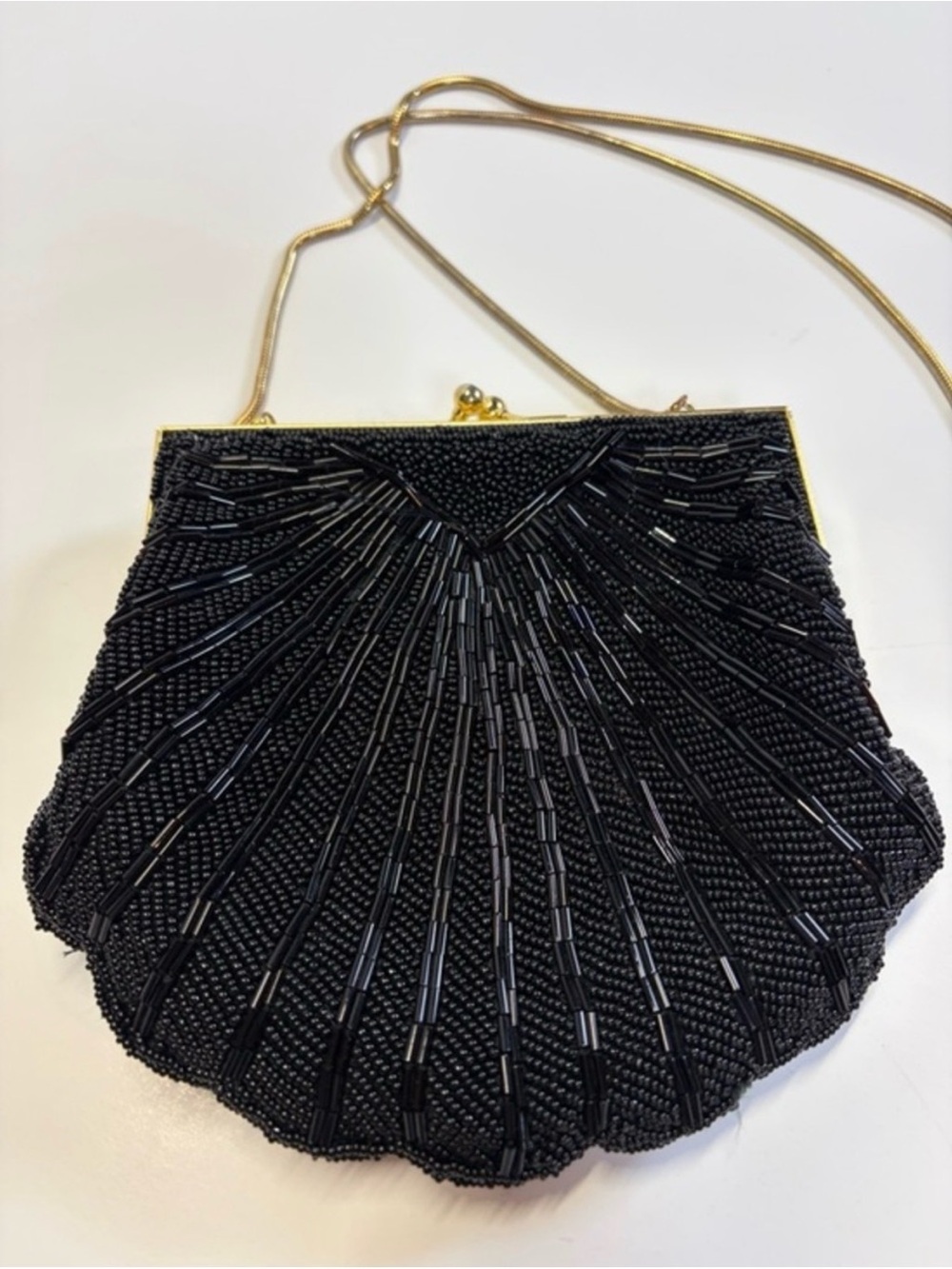 Carolyn Barton Black Beaded Clutch Gold Frame Art Deco Evening Bag